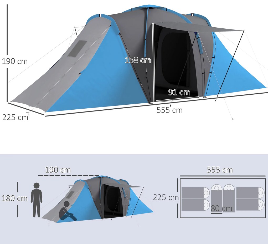 Outsunny Cort de camping pentru familie 4-6 pers. impermeabil ușor de asamblat 2 uși mari dim. 5,55 x 2,25 x 1,9 m gri închis și albastru | Aosom Romania