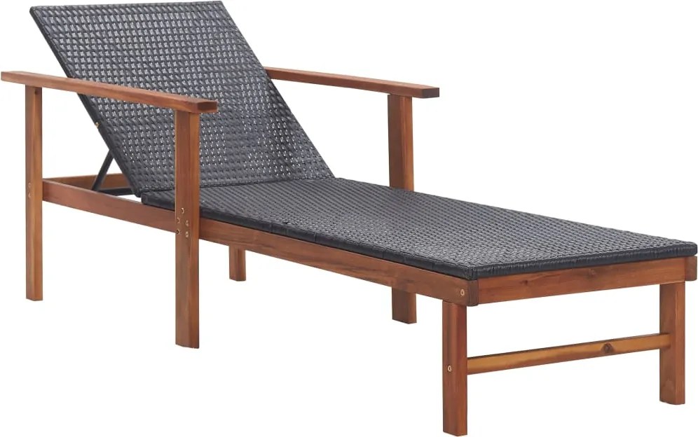 vidaXL Șezlong, negru, poliratan și lemn masiv de acacia