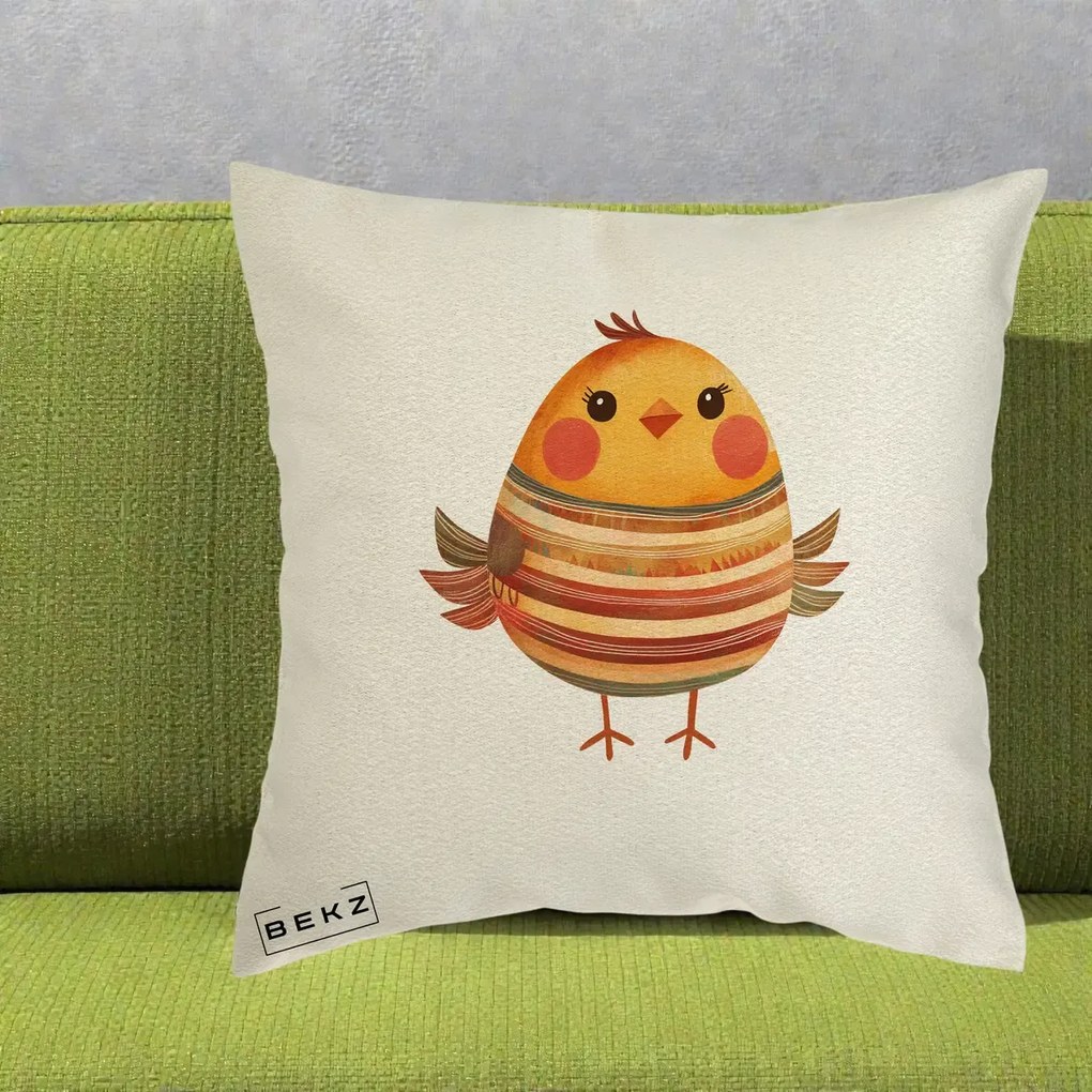 Perna Decorativa Pui Kawaii Portocaliu Dungi Calde, 40x40 cm, Ecru, Husa Detasabila, Perna Inclusa, BEKZ®