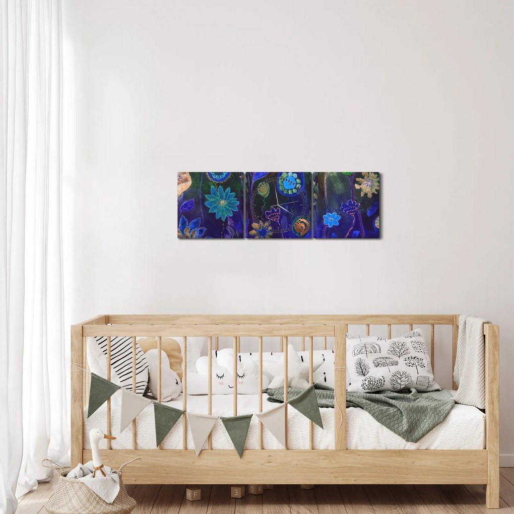 Tablou - Flori albastru închis (cu ceas) (90x30 cm)