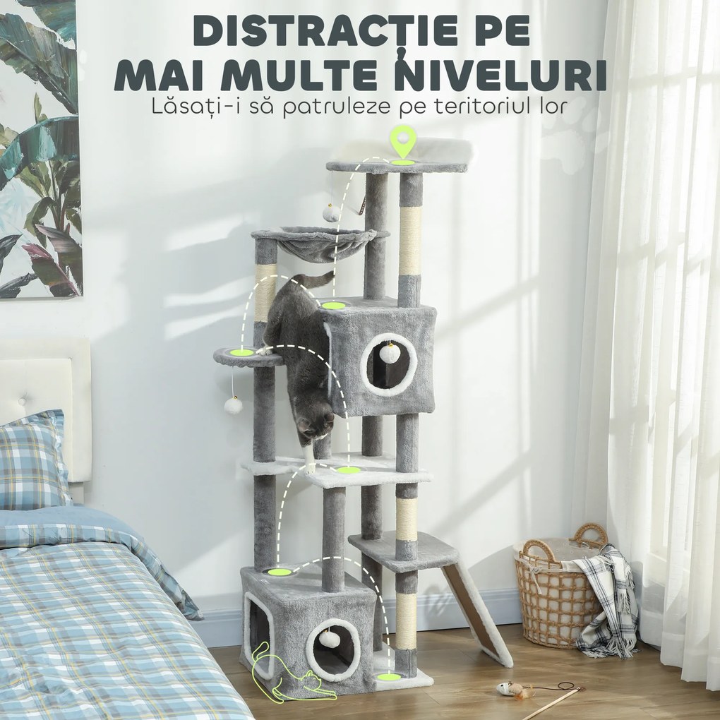 PawHut Arborele pentru Pisici cu Căsuțe, Rampe, Stinghie și 4 Mingi, Gri | Aosom Romania