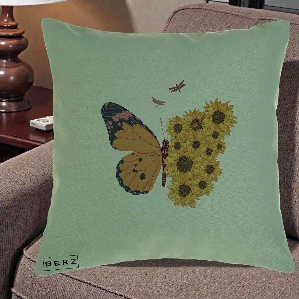 Perna Decorativa Fluture Floarea-Soarelui, 40x40 cm, Verde, Husa Detasabila, Perna Inclusa, BEKZ®