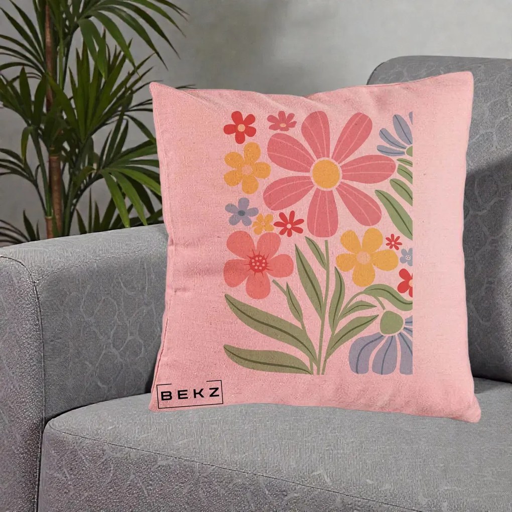 Perna Decorativa Flori Grafice Roz Pastel, 40x40 cm, Roz, Husa Detasabila, Perna Inclusa, BEKZ®