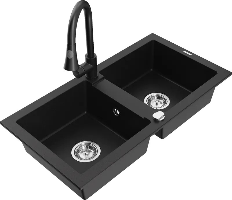 Mexen Mario chiuvetă de bucătărie din granit cu 2 compartimente și baterie de bucătărie Elia, negru - 6504-77-670101-70