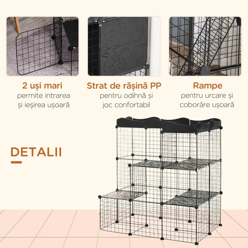 PawHut Țarc Modular pentru Animale de Talie Mică, cu Panouri și Accesorii, 105x70x116 cm, Negru | Aosom Romania