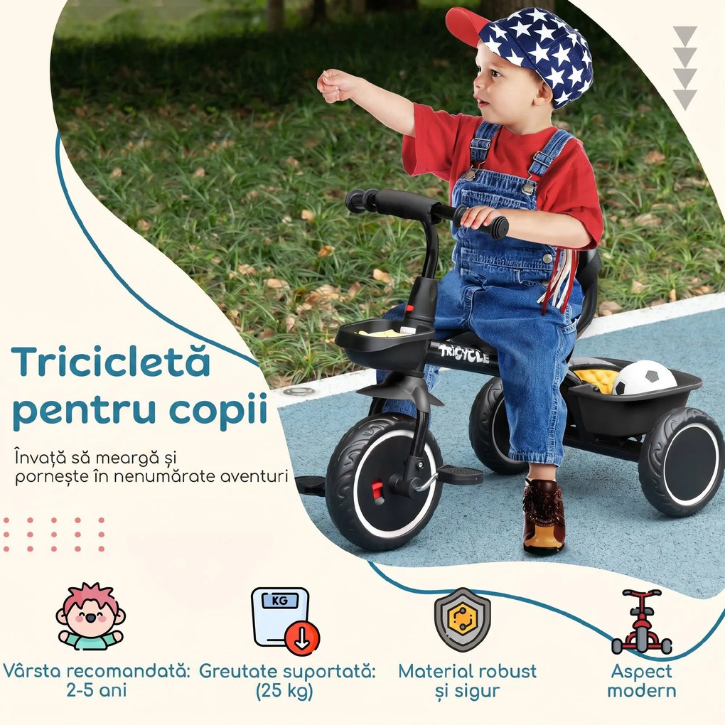 AIYAPLAY Tricicletă pentru Copii 2-5 Ani cu Scaun Reglabil, Coș și Apărătoare de Noroi, Negru | Aosom Romania