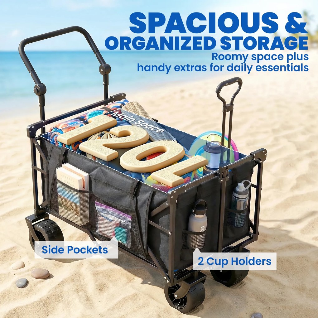Outsunny Cărucior de grădină pliabil cu roți mari blocabile, bară reglabilă și suport pentru pahare pentru camping 125x59x133 cm Negru | Aosom Romania