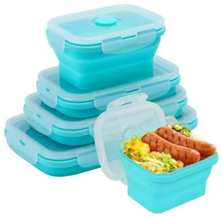 Set 4 cutii pliabile pentru alimente Home&Marker Poplate, 350/500/800/1200 ml, Sigure la microunde si congelator, Fara BPA, Albastru