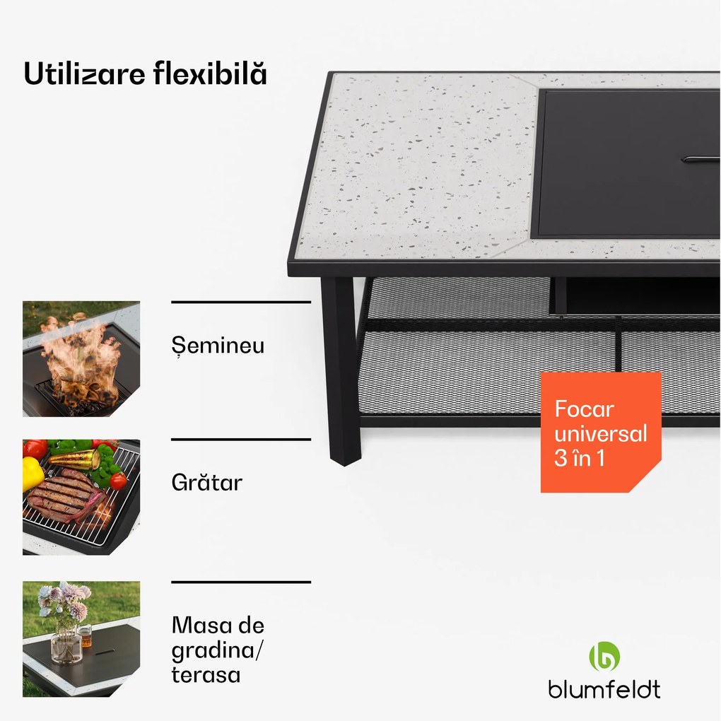 Merano Avanzato L șemineu 3 în 1 cu funcție grill, poate fi folosit ca masă 122 x 87 cm