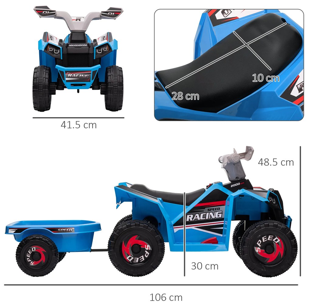 HOMCOM Quad pentru copii, reîncărcabil, 2,5 km/h, cu remorcă, 50 min. autonomie, pentru copii de la 1,5 la 3 ani, Albastru | Aosom Romania