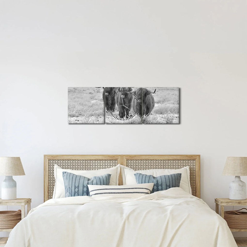 Tablou - Vaci scoțiene,alb-negru (cu ceas) (90x30 cm)