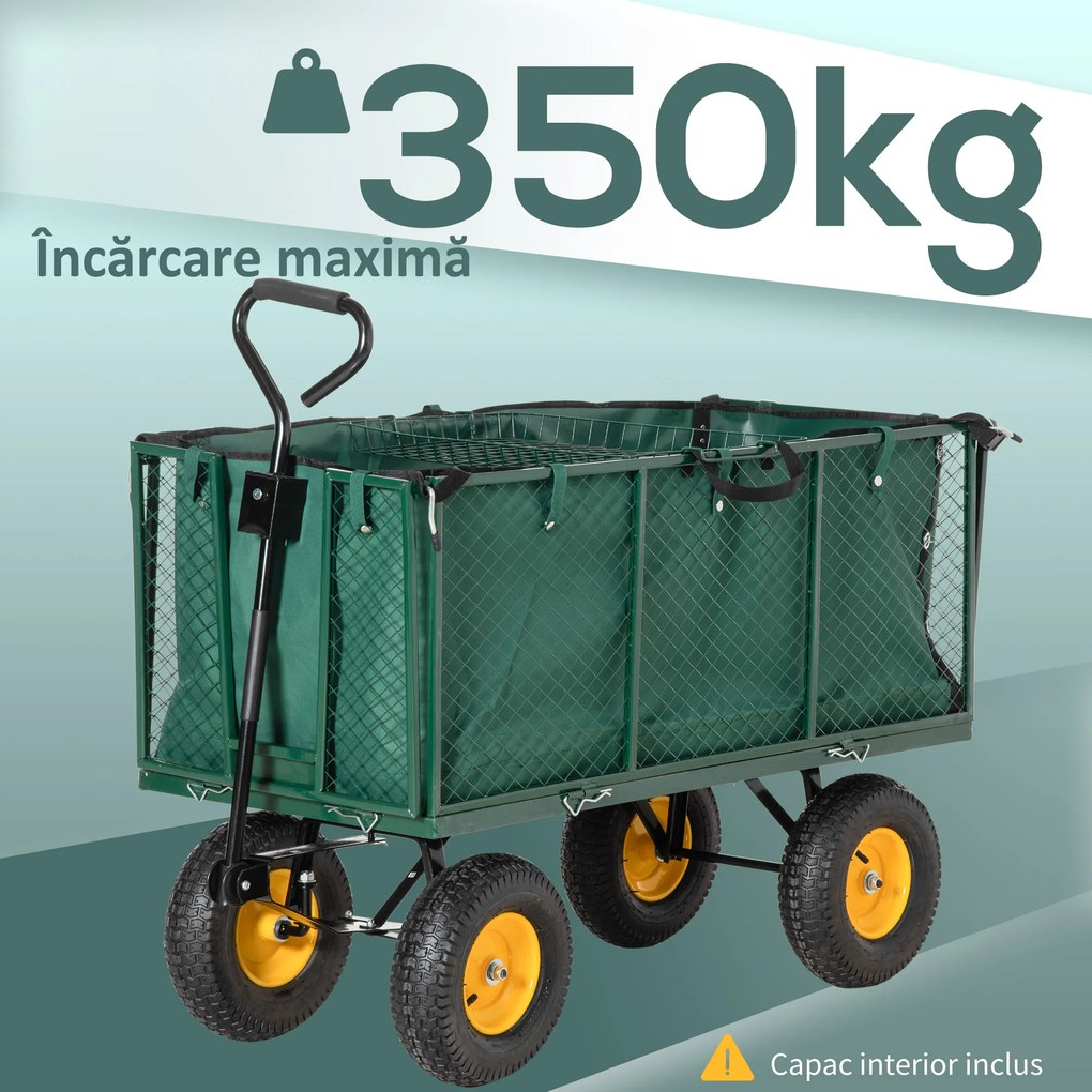 Outsunny Cărucior Grădină Oțel, Capacitate Mare 342L, Verde | Aosom Romania