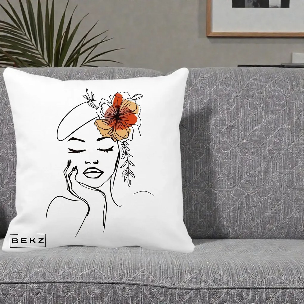 Perna Decorativa Portret Feminin Flori Palarie, 40x40 cm, Alba Mata, Husa Detasabila, Perna Inclusa, BEKZ®