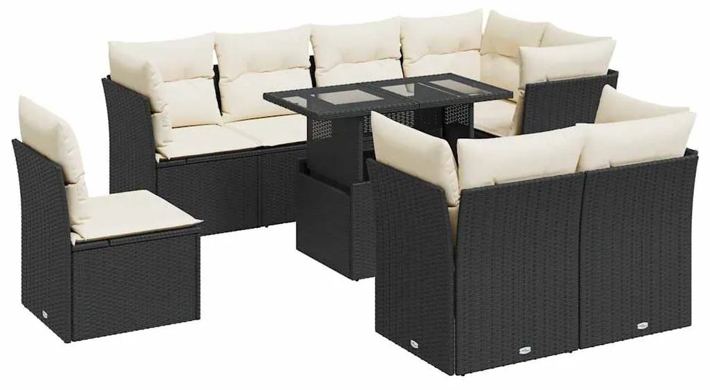 3326177 vidaXL Set mobilier de grădină cu perne, 9 piese, negru, poliratan