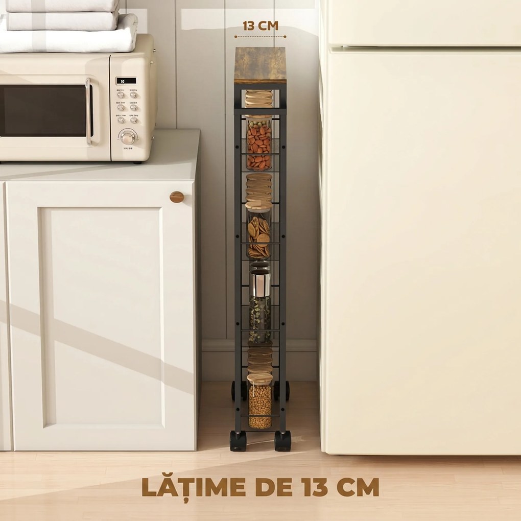 HOMCOM Cărucior de bucătărie cu 4 roți, cărucior de depozitare cu roți, blat cu aspect de lemn, structură metalică, 47x13x96,5 cm, negru | Aosom Romania