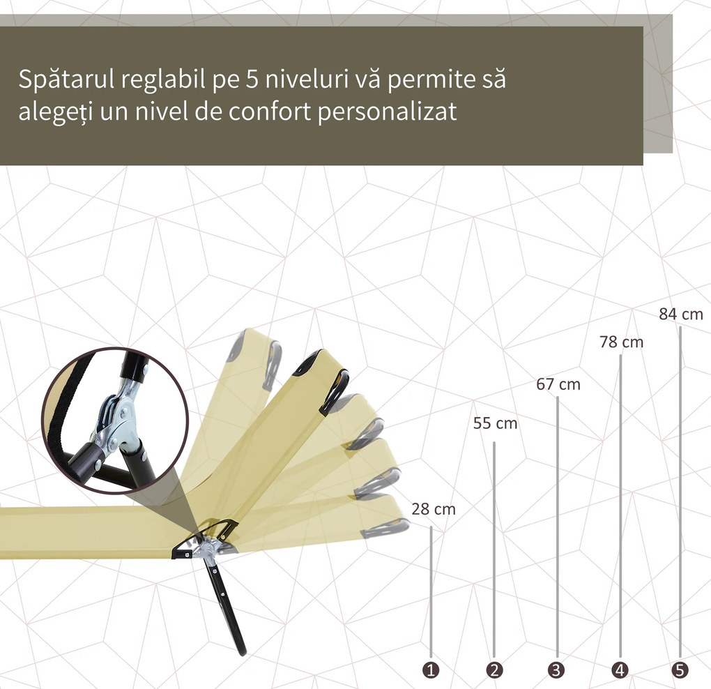 Outsunny Sezlong Pliabil pentru Gradina cu Spatar Ajustabil 5 Pozitii din Otel si Tesatura Oxford 188x56x28 cm Bej | Aosom Romania
