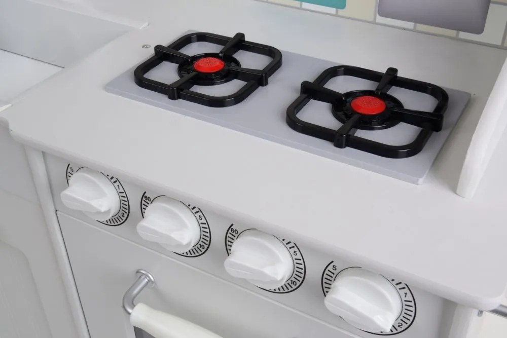 Bucătărie de jucărie din lemn pentru copii cu iluminare LED, accesorii și efecte sonore