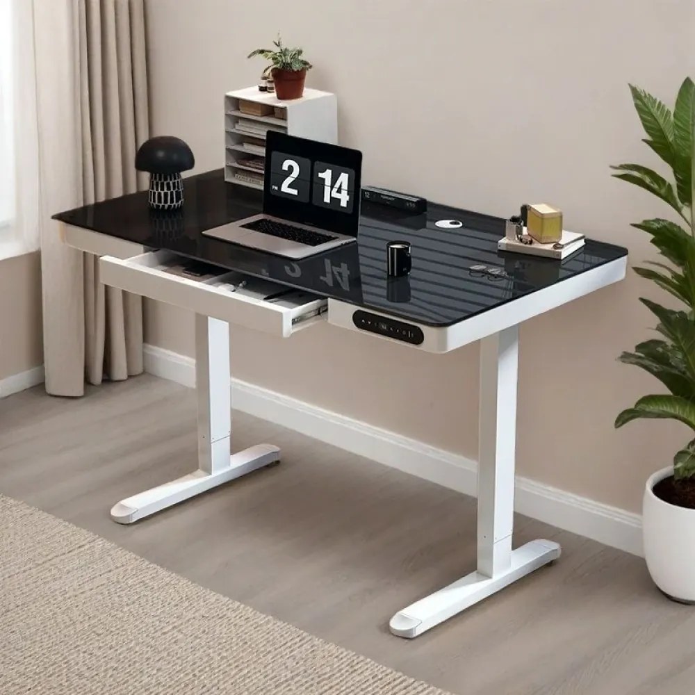 Birou Electric Reglabil pe Înălțime cu Sertar Ascuns, Încărcare Wireless & USB, Senzor de siguranță, 140x60, Sticla Negru