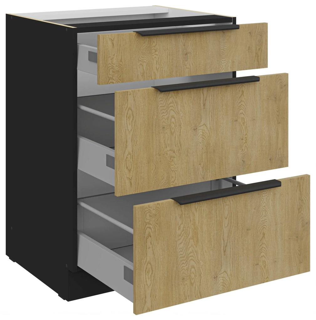 Dulap inferior de bucătărie Carminia 60 D 3S BB PREMIUM BOX (stejar cremona + negru). 1127983