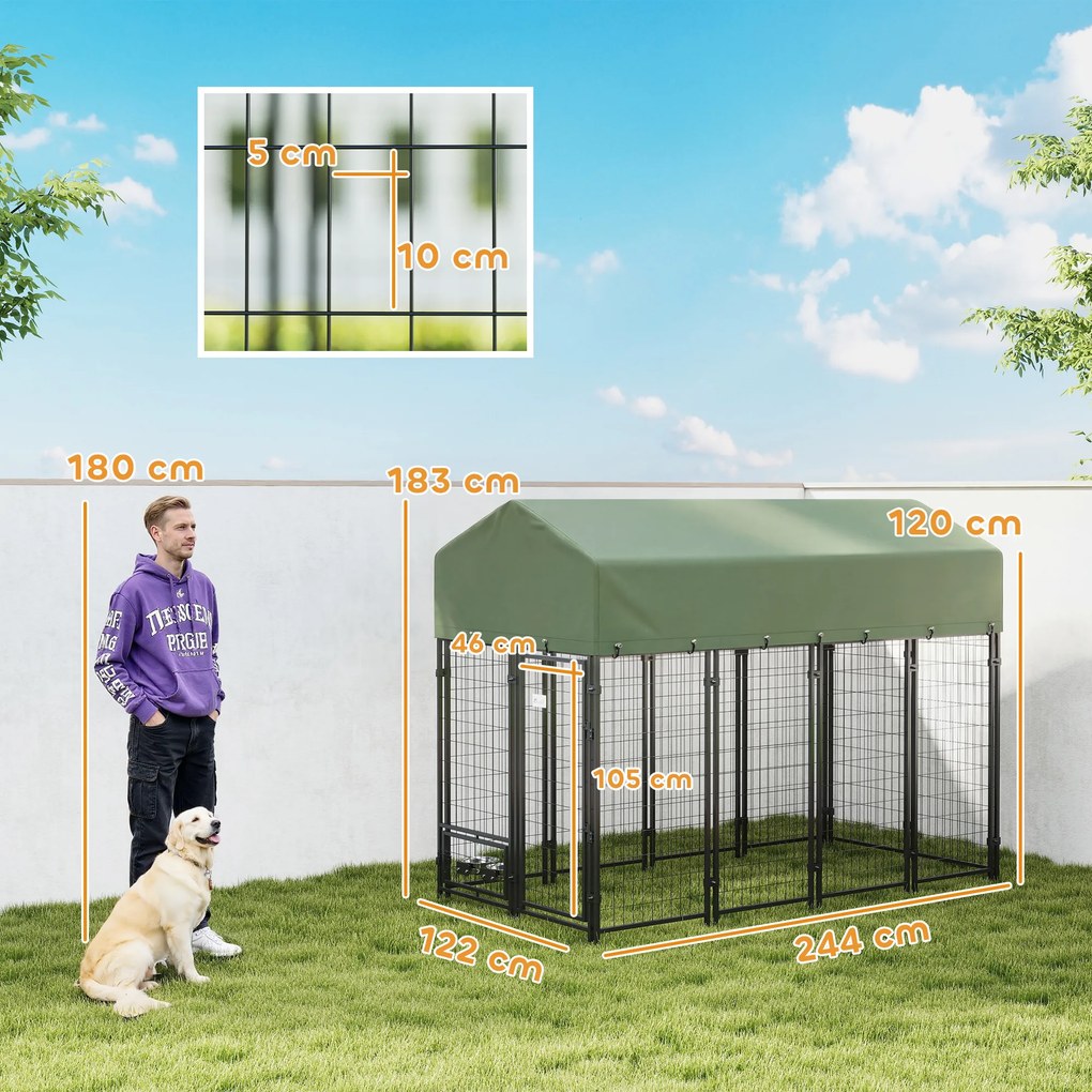 PawHut Țarc pentru Câini de Exterior din Oțel cu Acoperiș din Material Oxford, Anti-UV, Impermeabil, 2 Boluri, Verde | Aosom Romania