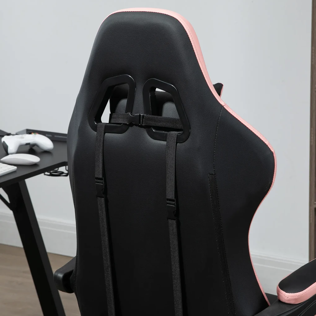 Scaun de Gaming Premium, Piele Ecologică PU, Oțel, Înălțime Ajustabilă, Spătar Inclinabil, 65x65x121-129 cm, Roz și Negru | Aosom Romania