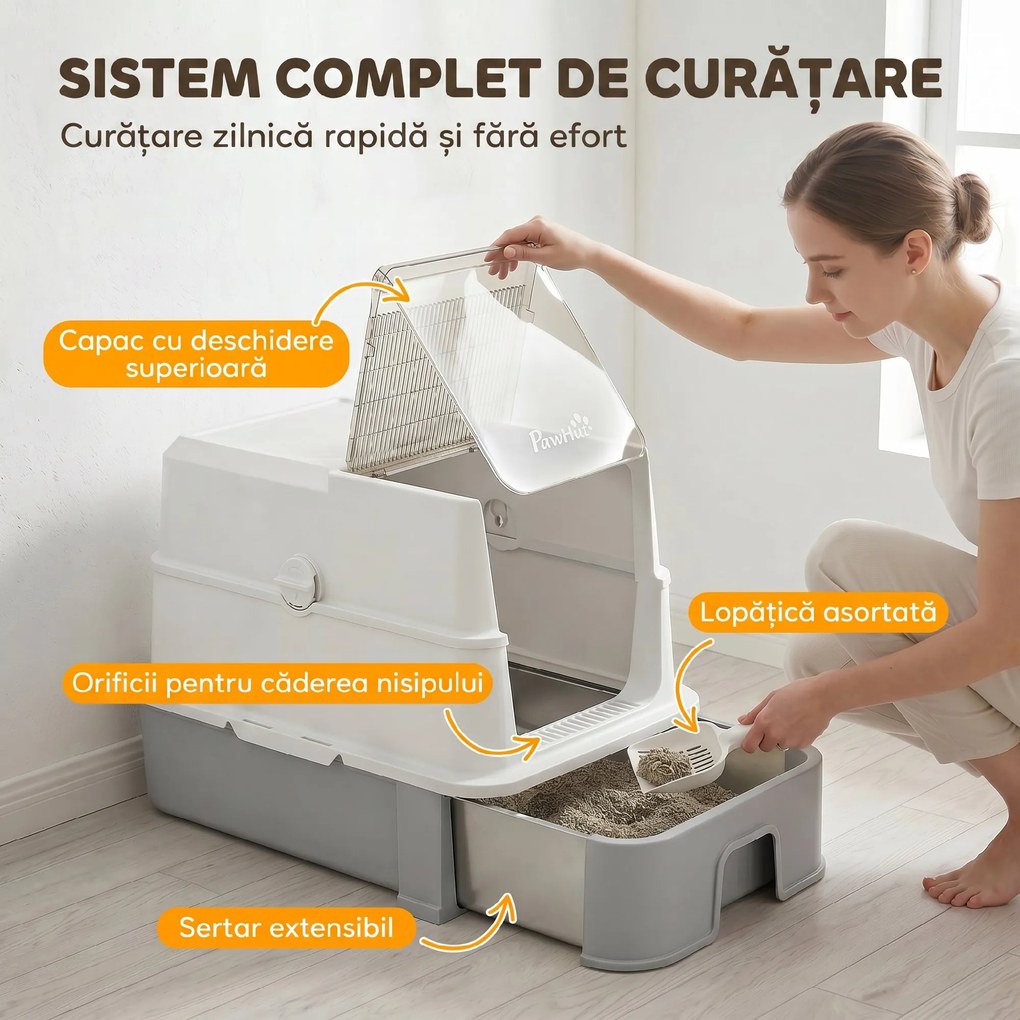 PawHut Litieră Acoperită 3 în 1 pentru Pisici, 68 L, cu Capac, Tavă Detașabilă din Oțel Inoxidabil, Lopățică, Alb și Gri | Aosom Romania