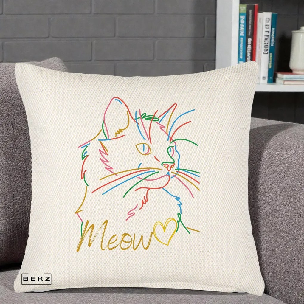 Perna Personalizata Pisica Meow Arta Linie Colorata, 40x40 cm, Crem Reliefat, Husa Detasabila, Perna Inclusa, BEKZ®