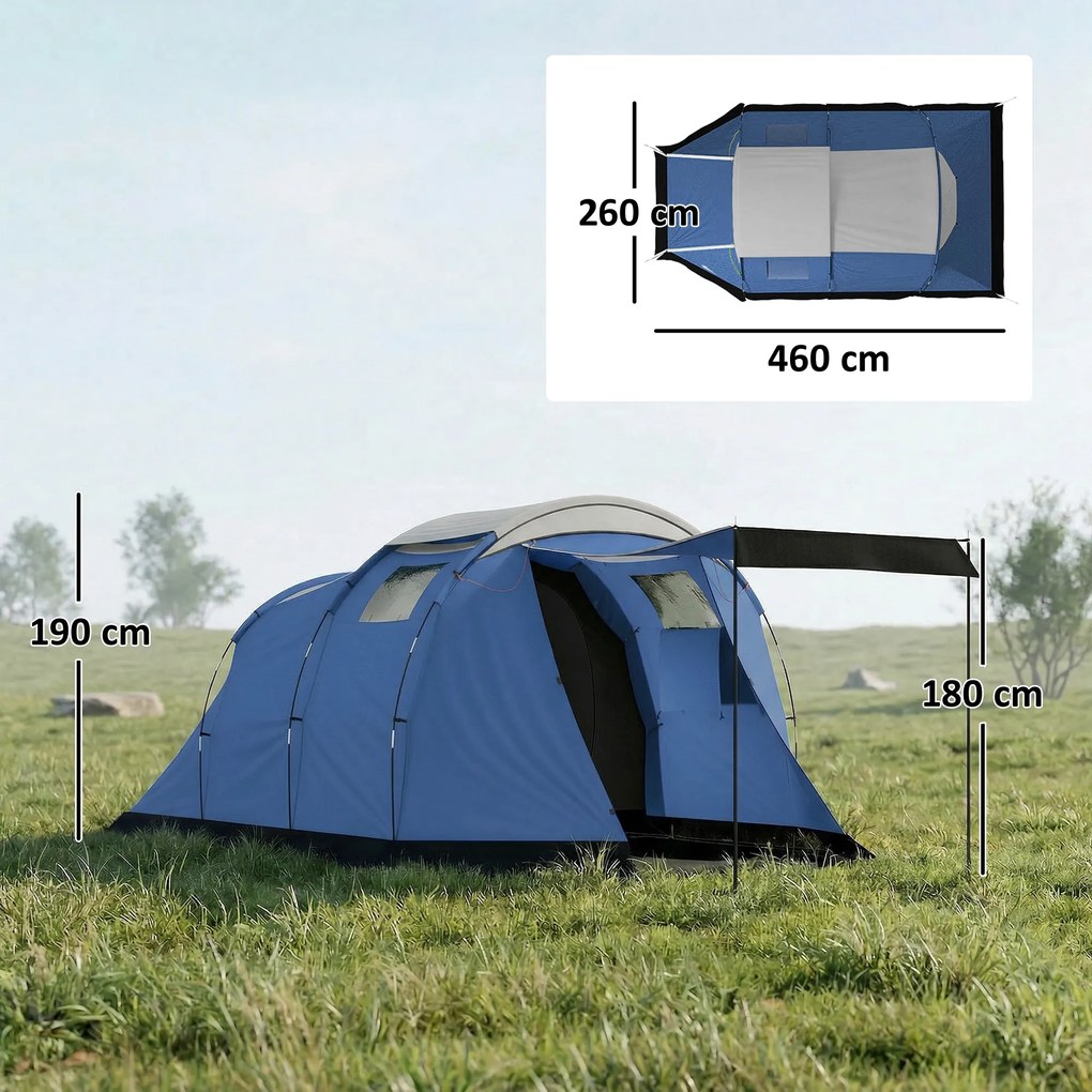 Outsunny Cort de camping tunel pentru 4 persoane impermeabil 3000mm dublu strat anti-condensație înălțime 190cm Albastru închis | Aosom Romania