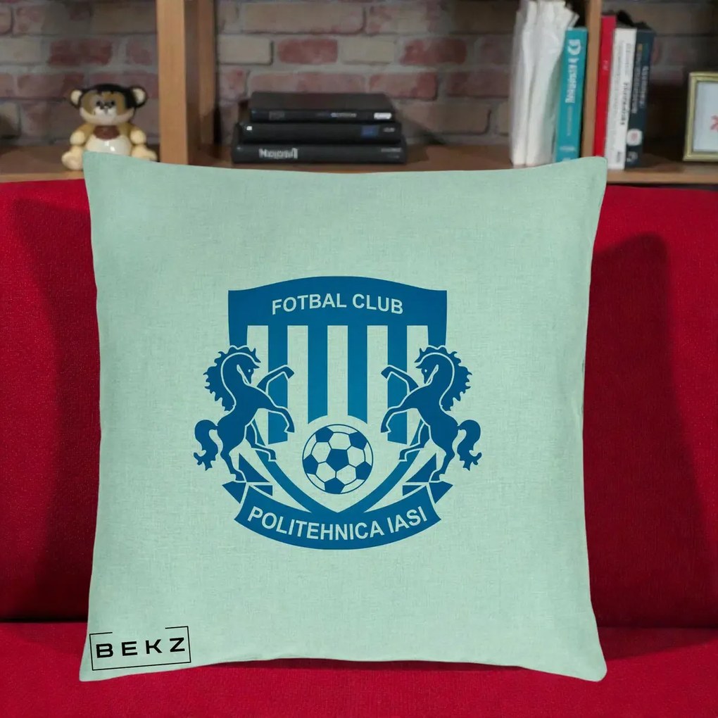 Perna Personalizata FC Politehnica Iasi Fotbal, 40x40 cm, Verde Menta, Husa Detasabila, Perna Inclusa, BEKZ®