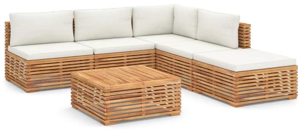 Set mobilier gradina cu perne crem, 6 piese, lemn masiv de tec Crem, Colt + 3x mijloc + 2x suport pentru picioare, 1