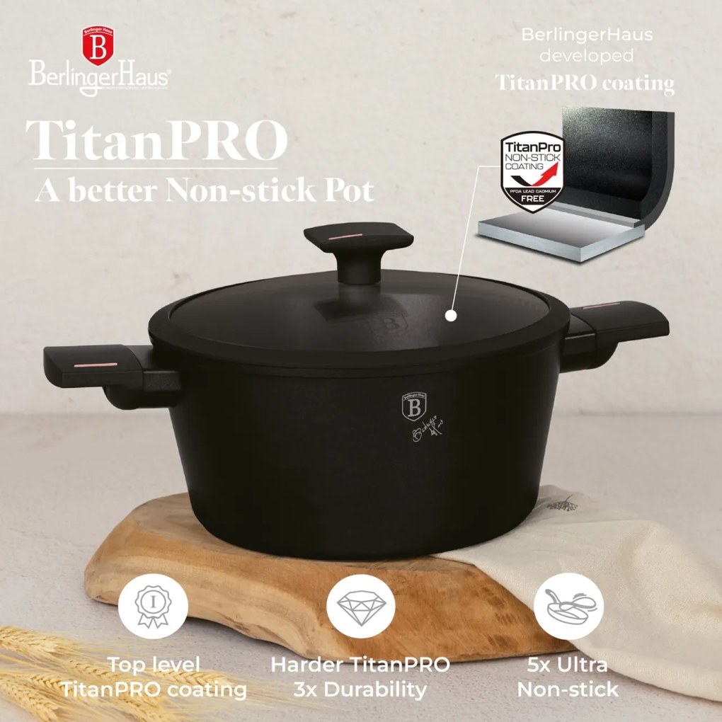 Set oale si tigai cu capace, 15 piese Monaco Berlinger Haus BH 8246, antiaderente, titan, negru