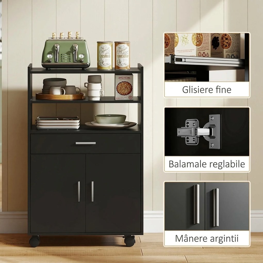 HOMCOM Dulap pentru Cuptorul cu Microunde cu Roți, Bufet de Bucătărie cu Sertar, Blat pentru Aparate, Dulap cu 2 Uși, Raft Retractabil și Raft Deschis, Cărucior de Bucătărie pentru Sufragerie, 59x40x92cm, Negru | Aosom Romania