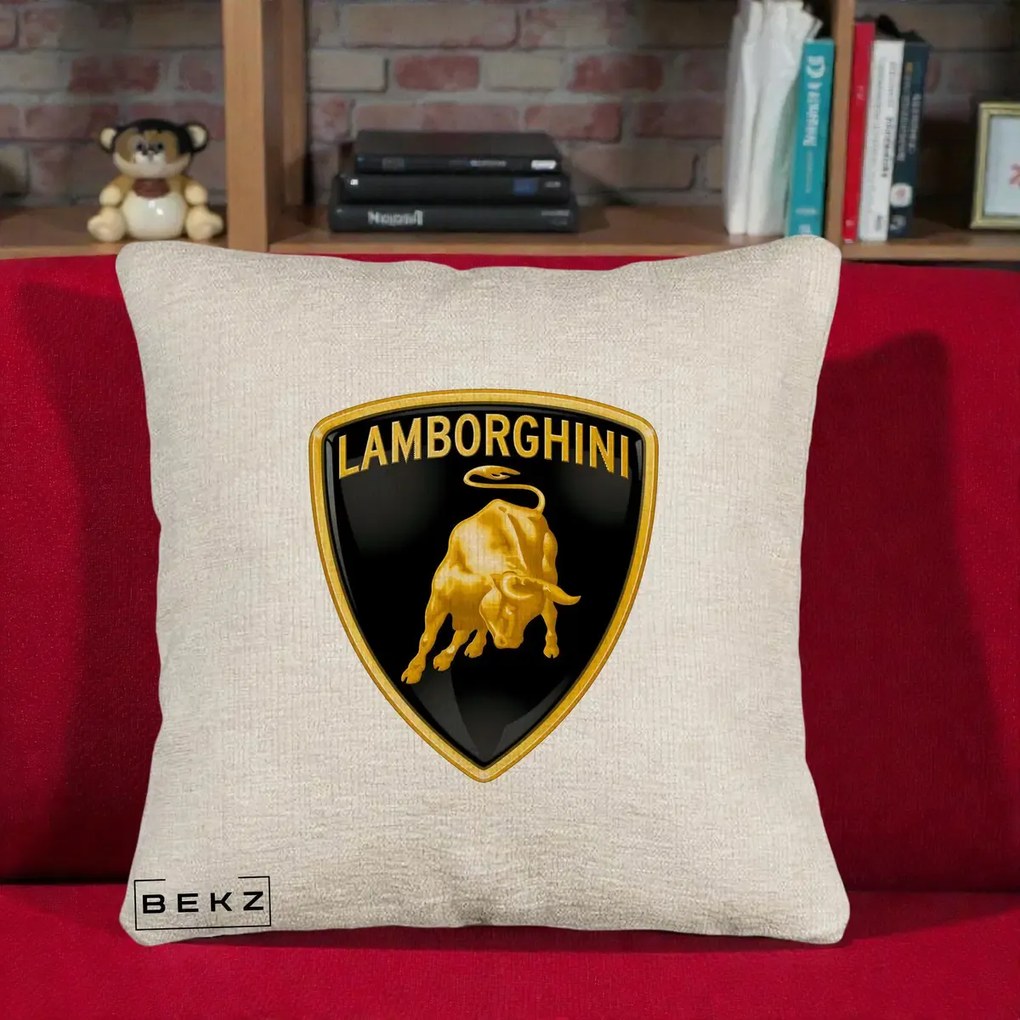 Perna Personalizata cu emblema Lamborghini, 40x40 cm, Bej Canapea, Husa Detasabila, Perna Inclusa, BEKZ®