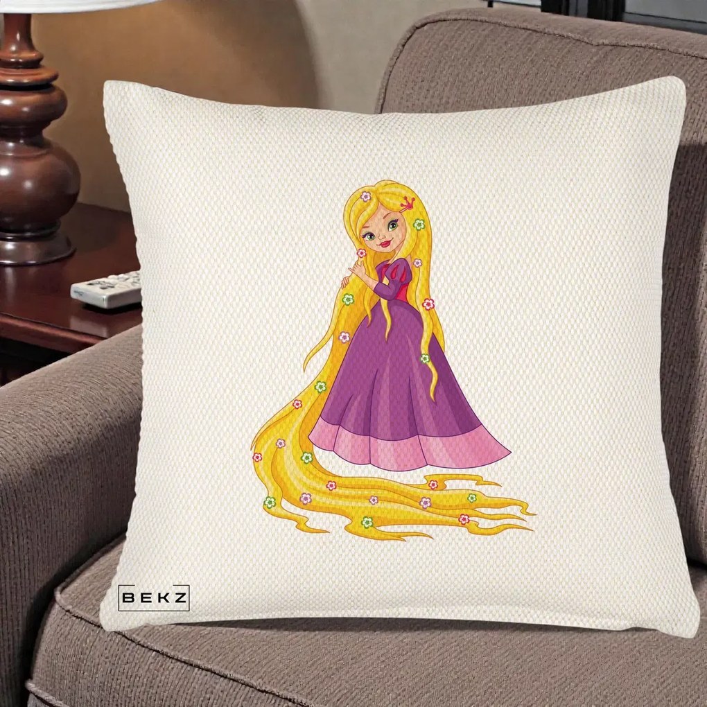 Perna Personalizata Rapunzel Par Lung Floral, 40x40 cm, Crem Reliefat, Husa Detasabila, Perna Inclusa, BEKZ®