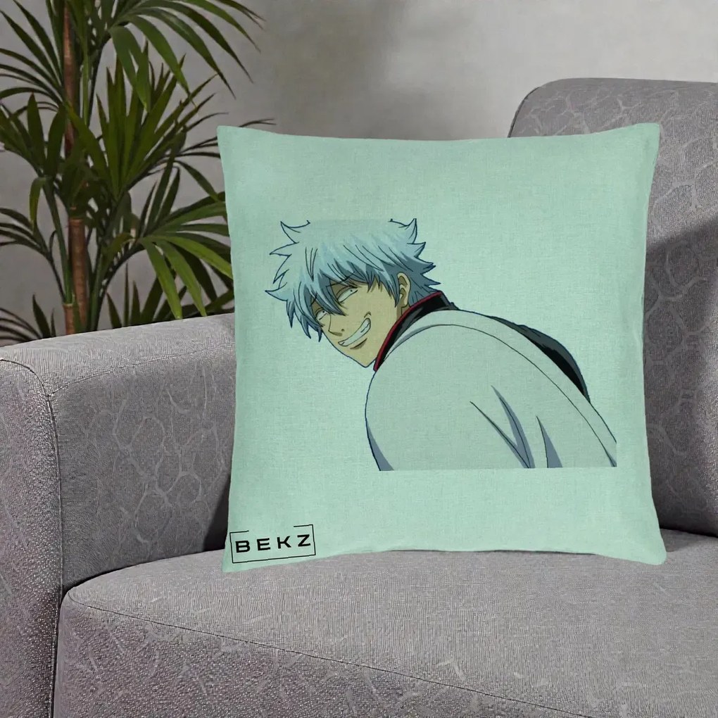 Perna Personalizata Gintama Gintoki Portret cu Zambet, 40x40 cm, Verde Menta, Husa Detasabila, Perna Inclusa, BEKZ®