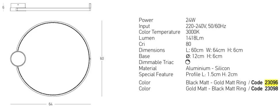 Lustra aplicata LED design inelar Ring auriu, 60cm