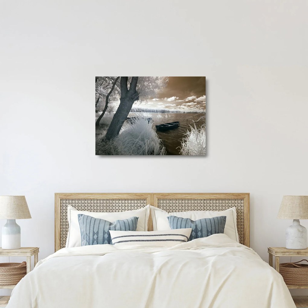 Tablou pe sticlă cu barca pe lac (70x50 cm)