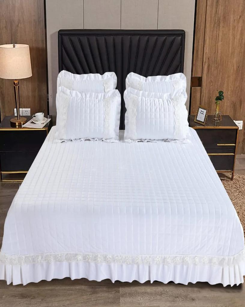 Cuvertura de pat si 2 fete de perna, catifea, pat 2 persoane, alb / crem, CCC-83