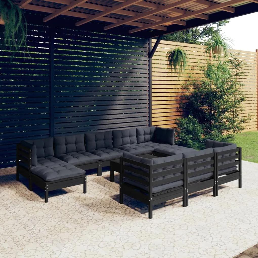 3097149 vidaXL Set mobilier grădină cu perne, 11 piese, negru, lemn masiv pin