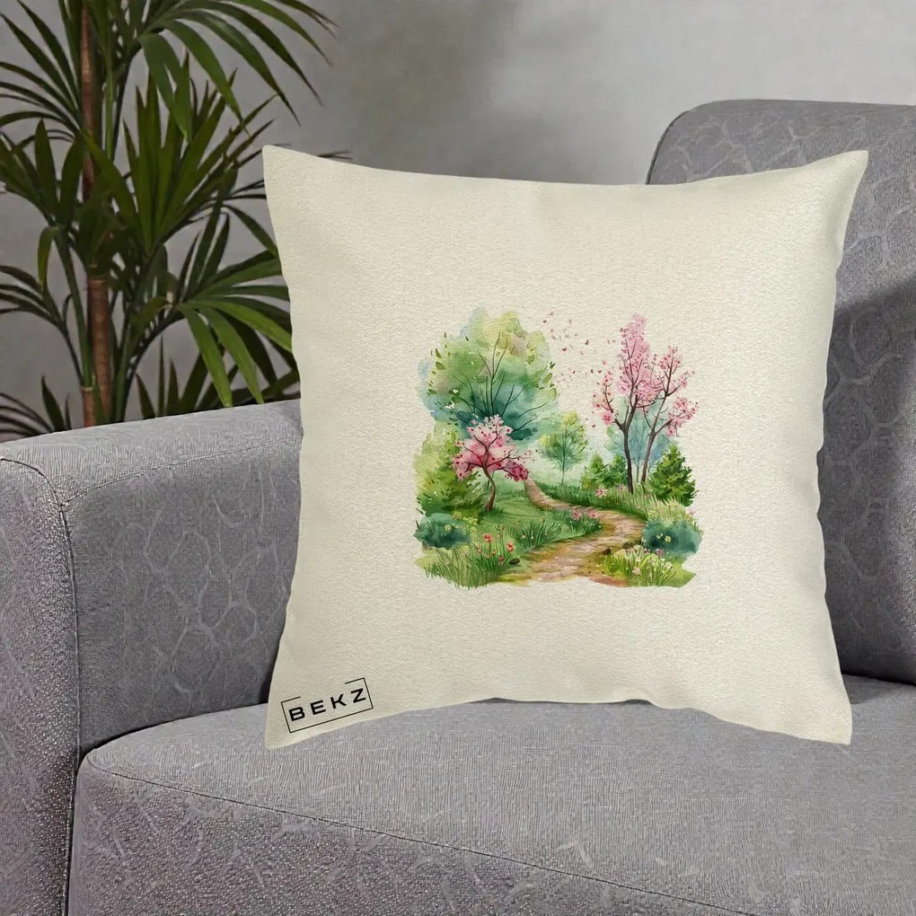Perna Decorativa Gradina Primavara Acuarela, 40x40 cm, Ecru, Husa Detasabila, Perna Inclusa, BEKZ®