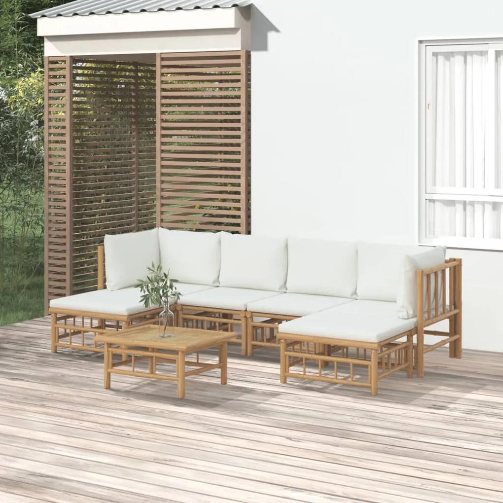 Set mobilier de gradina cu perne alb crem, 7 piese, bambus