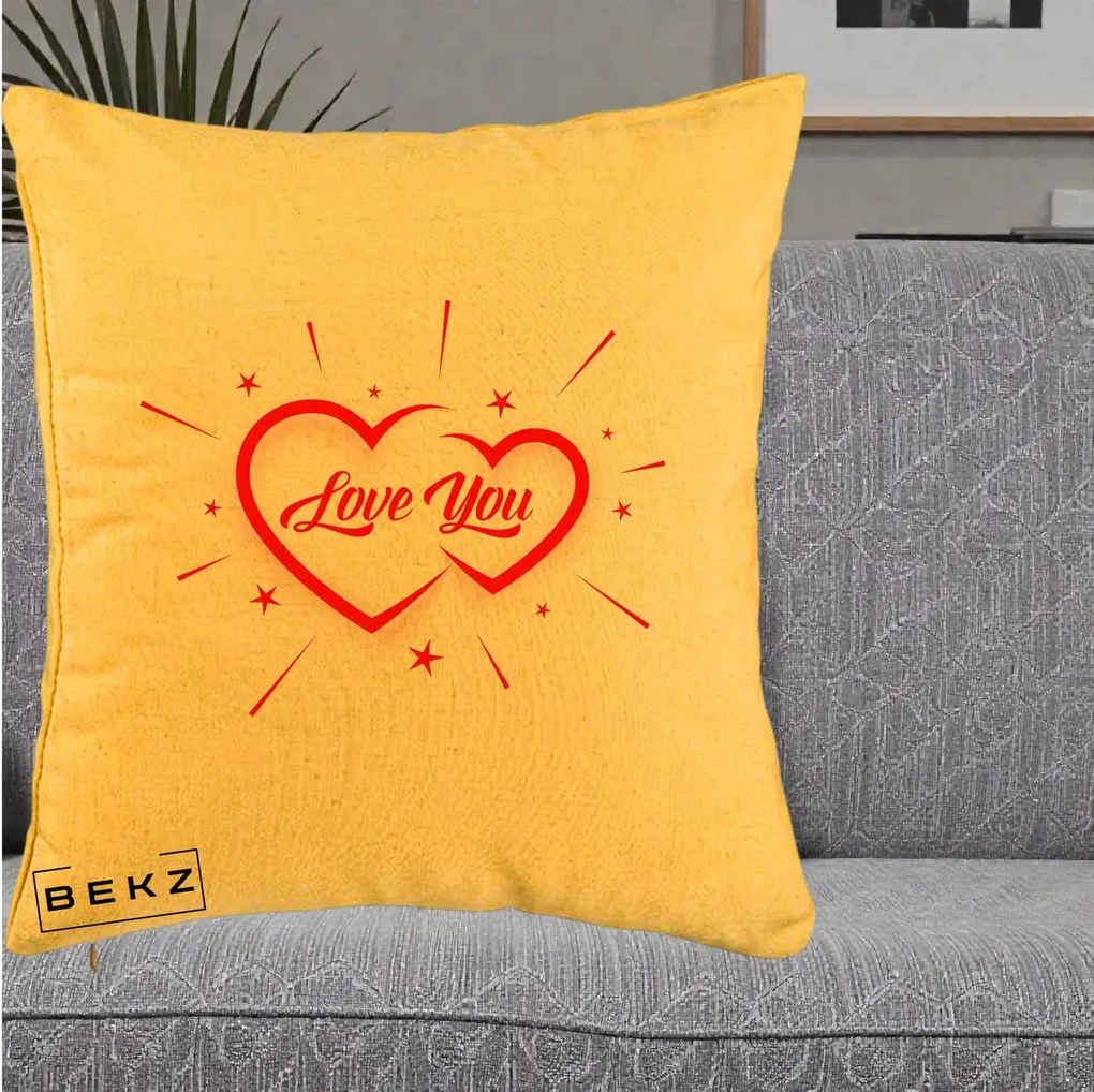 Cadou Romantic - Perna Personalizata Love You Doua Inimi, 40x40 cm, Galben, Husa Detasabila, Perna Inclusa, BEKZ®