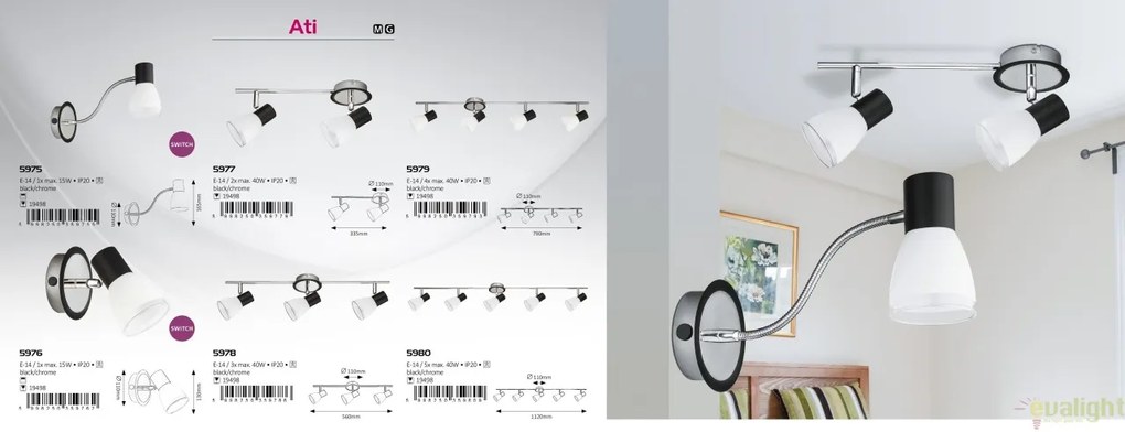 Plafoniera cu 4 spoturi, design modern, finisaj negru/crom, Ati 5979 RX