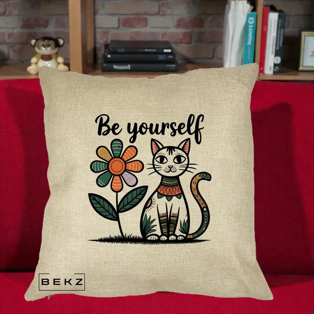 Perna Personalizata Be Yourself Pisica Folk, 40x40 cm, Crem, Husa Detasabila, Perna Inclusa, BEKZ®