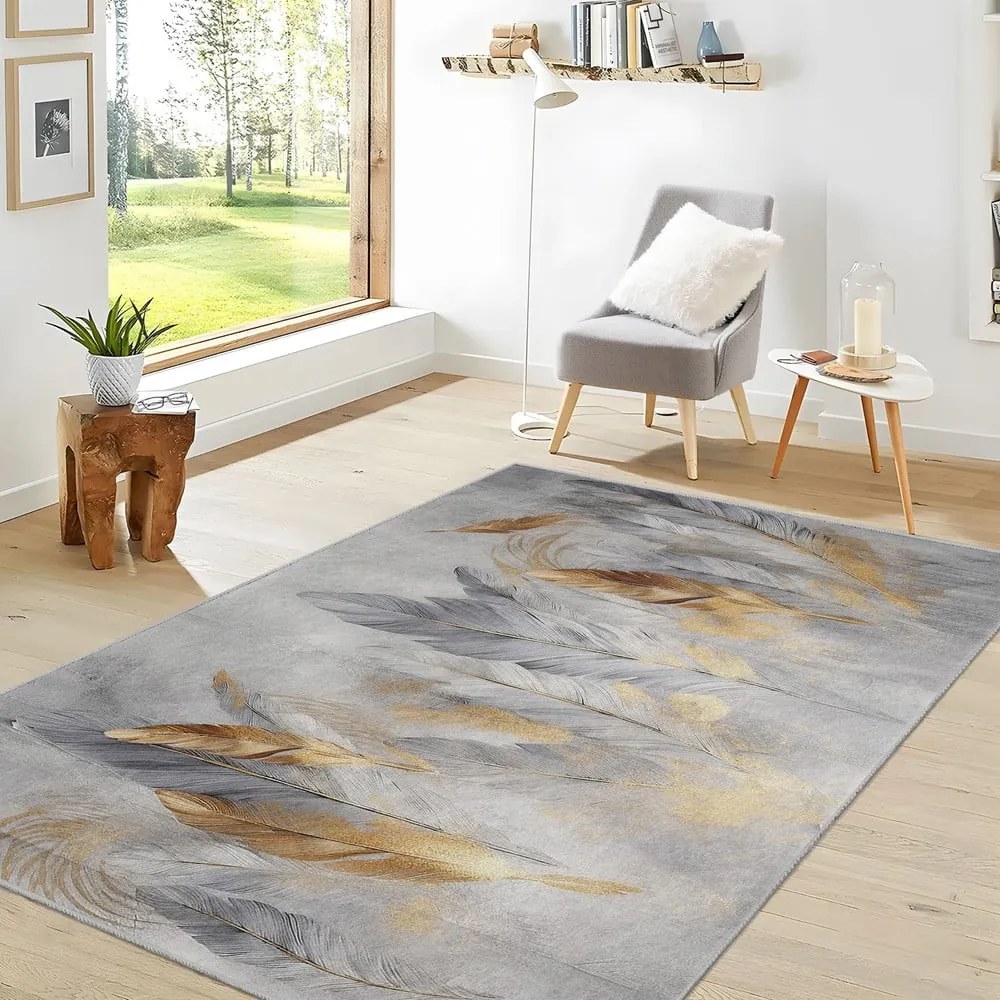 Covor gri/auriu lavabil 80x150 cm Golden Feathers – Mila Home