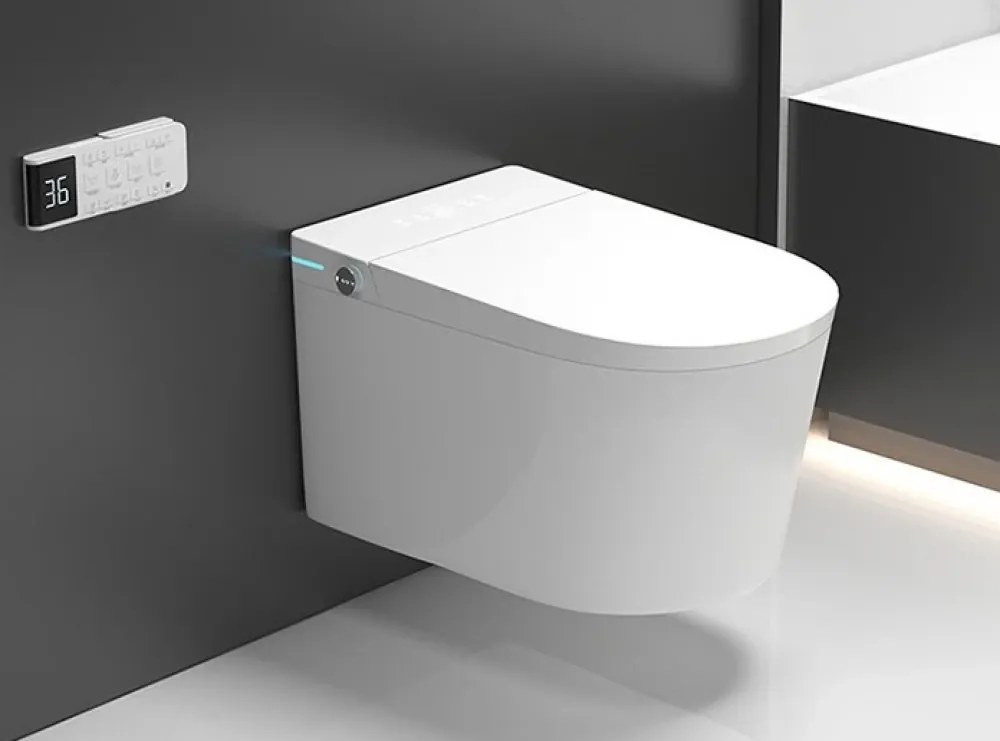 Vas toaletă inteligentă cu Bideu, Afișaj LED, Telecomandă, Sterilizare UV, Deschidere/Închidere automată, funcționare senzor picior, Control inteligent al Temperaturii, Uscare aer cald, Iluminare de noapte, Suspendat, Ceramică, Alb, 302