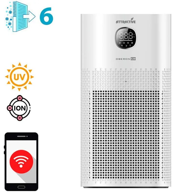 Purificator de aer Atractiv OBERON 520, 50W, Pana la 62 m², Wi-Fi, 5 viteze, Timer, Mod de noapte, Telecomandă, Senzor inteligent de poluare, Alb