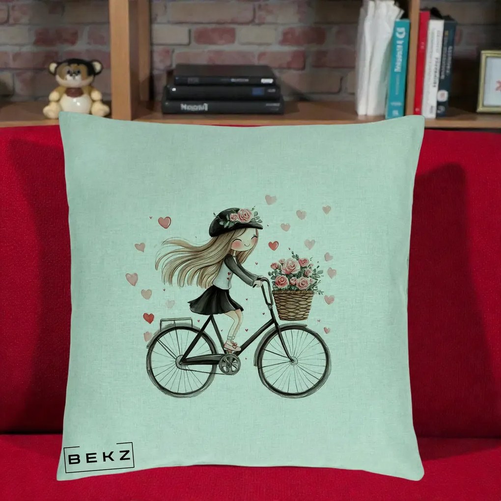 Perna Decorativa Fetita Kawaii pe Bicicleta cu Trandafiri si Inimioare, 40x40 cm, Verde Menta, Husa Detasabila, Perna Inclusa, BEKZ®