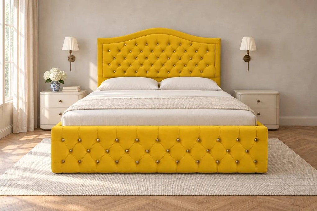 Pat tapițat Chesterfield din catifea Solaria Deluxe Cristal 200×200 cm, galben muștar, cu ladă de depozitare