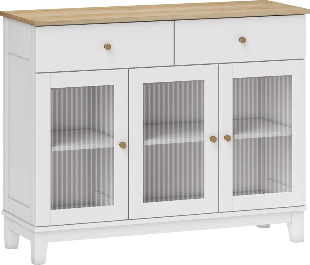 HOMCOM Bufet Bucătărie cu 2 Dulapuri și 2 Sertare, Uși din Sticlă Securizată Canelată, Bufet Sufragerie cu Rafturi Ajustabile, pentru Living sau Sufragerie, 100x35x80.3 cm, Alb și Stejar | Aosom Romania